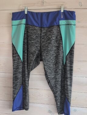 RBX Black Space-Dye Capri Leggings with Teal Panels and Wide Blue Waistband
